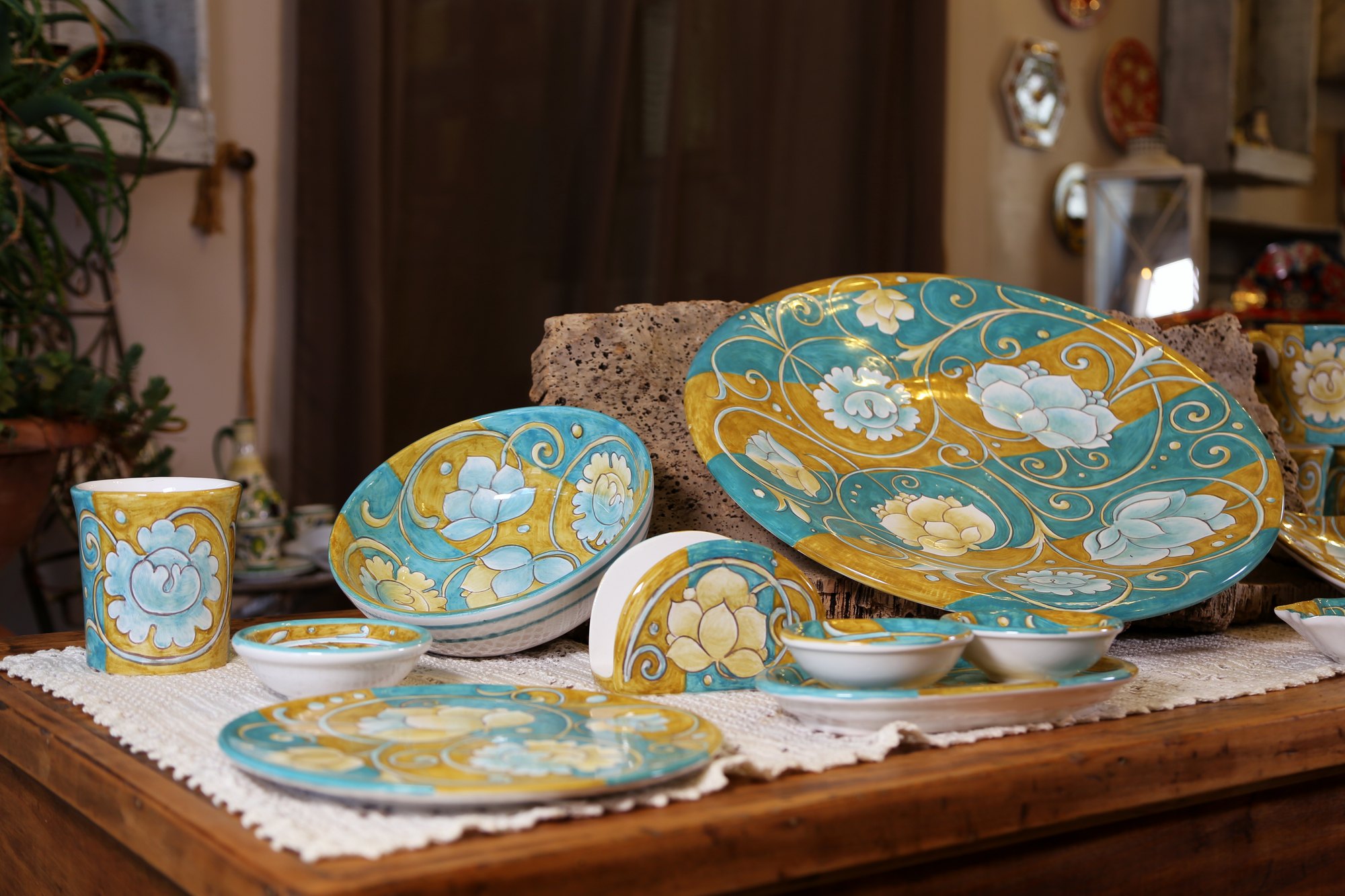 Hand-painted turquoise and gold dinner set